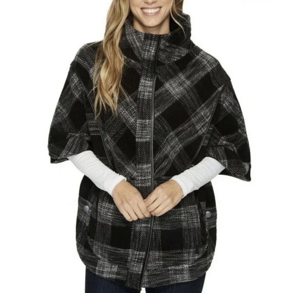 Smartwool Aspen Grove Plaid Poncho Jacket XL gray merino wool black - Picture 14 of 16